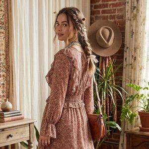Love Riche Brown Floral Slip Dress with Ribbon Strap bohemian, romantic  western